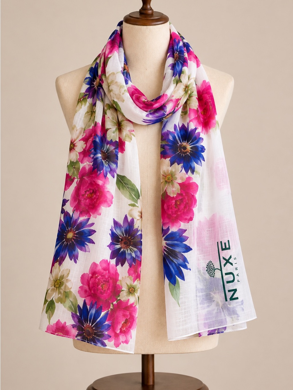 NUXE Paris 100% Cotton Floral Scarf Wrap Pink & Cobalt Blue